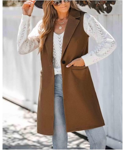 Women's Casual Notched Lapel Wool Blend Vest Western One Button Sleeveless Wool Blazer Jacket Coat Dark Brown $17.94 Vests