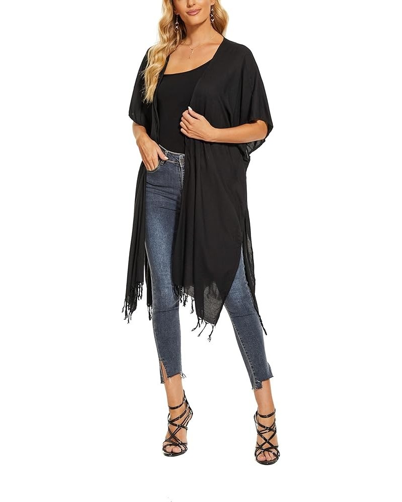 Women Long Solid Kimono Cardigan Shawl Wrap Swimsuit Cover Up Jacket One Size Black $18.24 Swimsuits