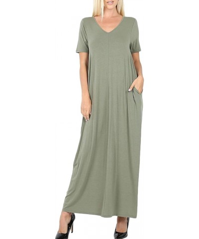 Women's Premium Casual Long Relaxed Loose T-Shirt Maxi Dress with Half Sleeves and Pockets (S-3XL) Lt Olive $16.03 Dresses