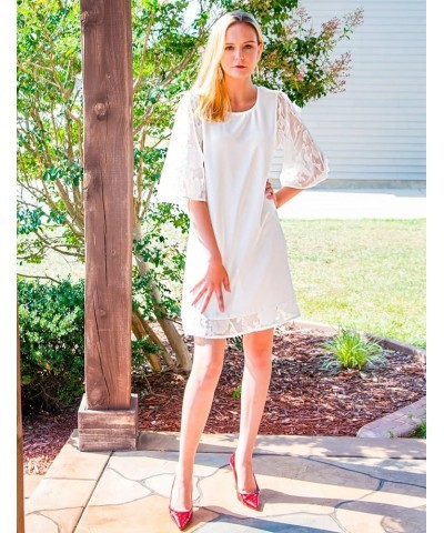 3/4 Sleeve Dress for Women Shift Cute Summer Tunic Floral Lace Dresses Brilliant White $15.40 Dresses