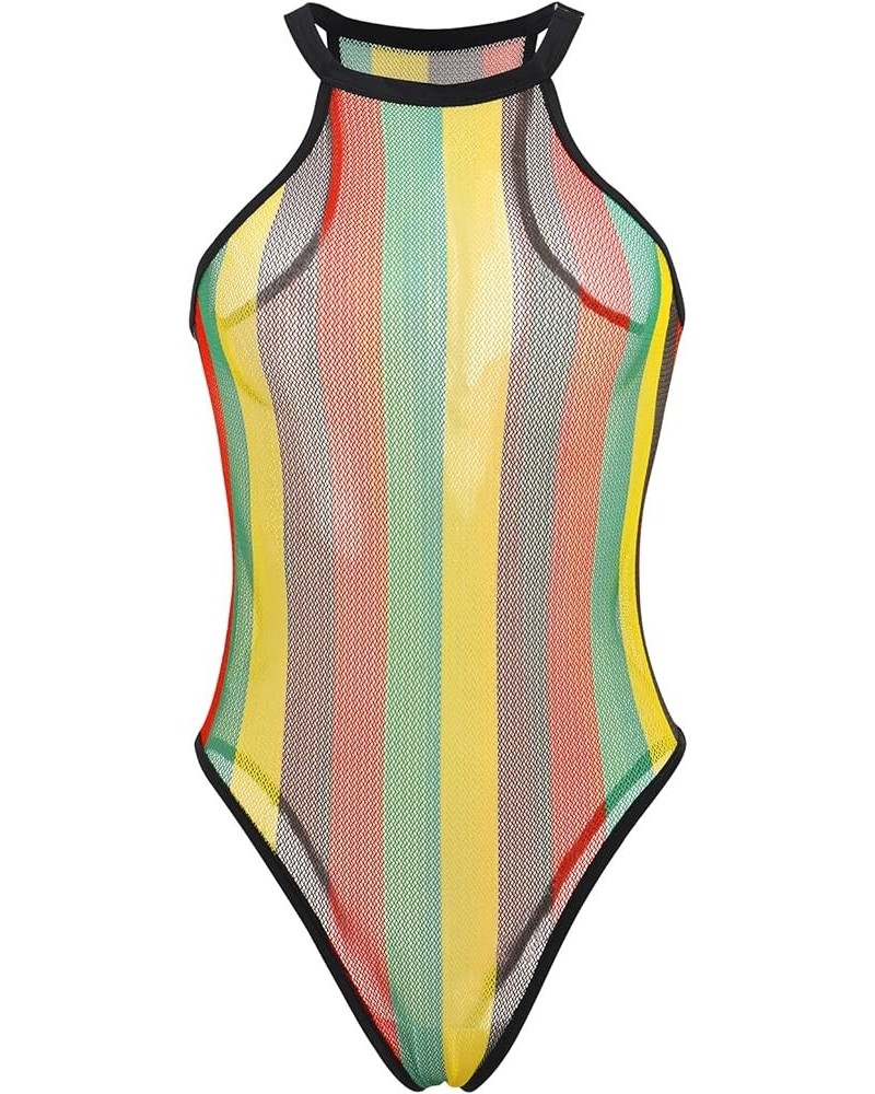 Women Rave Rainbow Striped Fishnet Bikini Cover up Sleeveless Halter Bodysuit Beachwear Swimsuit Yellow $10.50 Swimsuits