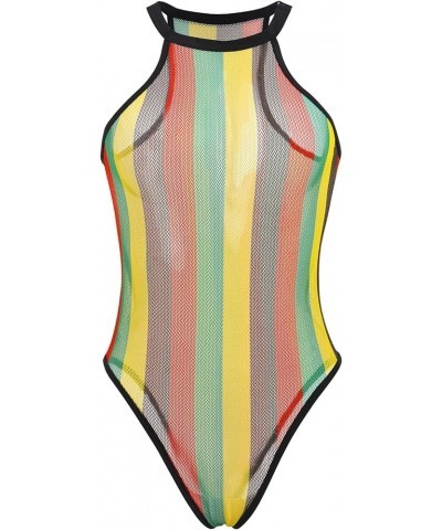 Women Rave Rainbow Striped Fishnet Bikini Cover up Sleeveless Halter Bodysuit Beachwear Swimsuit Yellow $10.50 Swimsuits