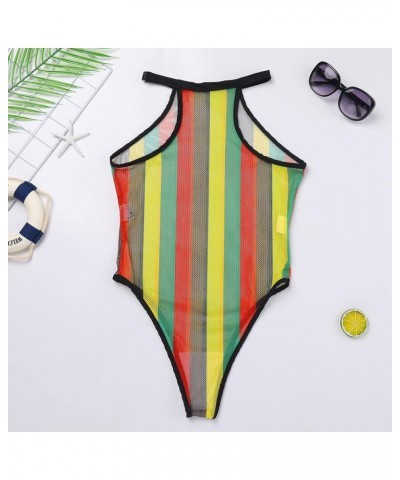 Women Rave Rainbow Striped Fishnet Bikini Cover up Sleeveless Halter Bodysuit Beachwear Swimsuit Yellow $10.50 Swimsuits