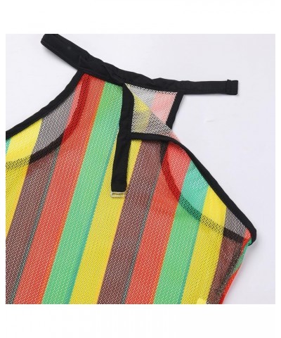 Women Rave Rainbow Striped Fishnet Bikini Cover up Sleeveless Halter Bodysuit Beachwear Swimsuit Yellow $10.50 Swimsuits