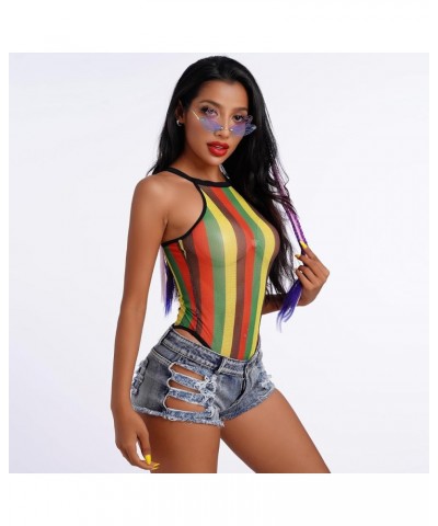 Women Rave Rainbow Striped Fishnet Bikini Cover up Sleeveless Halter Bodysuit Beachwear Swimsuit Yellow $10.50 Swimsuits