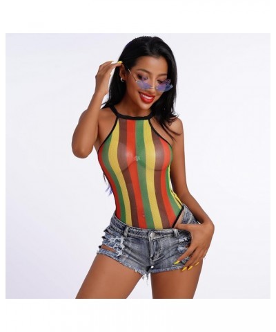 Women Rave Rainbow Striped Fishnet Bikini Cover up Sleeveless Halter Bodysuit Beachwear Swimsuit Yellow $10.50 Swimsuits