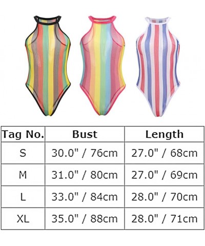 Women Rave Rainbow Striped Fishnet Bikini Cover up Sleeveless Halter Bodysuit Beachwear Swimsuit Yellow $10.50 Swimsuits