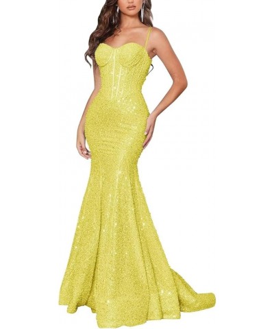 Women's Spaghetti Straps Sequin Prom Dresses Long Bodycon Corset Mermaid Sparkly Glitter Formal Evening Gowns Backless Yellow...