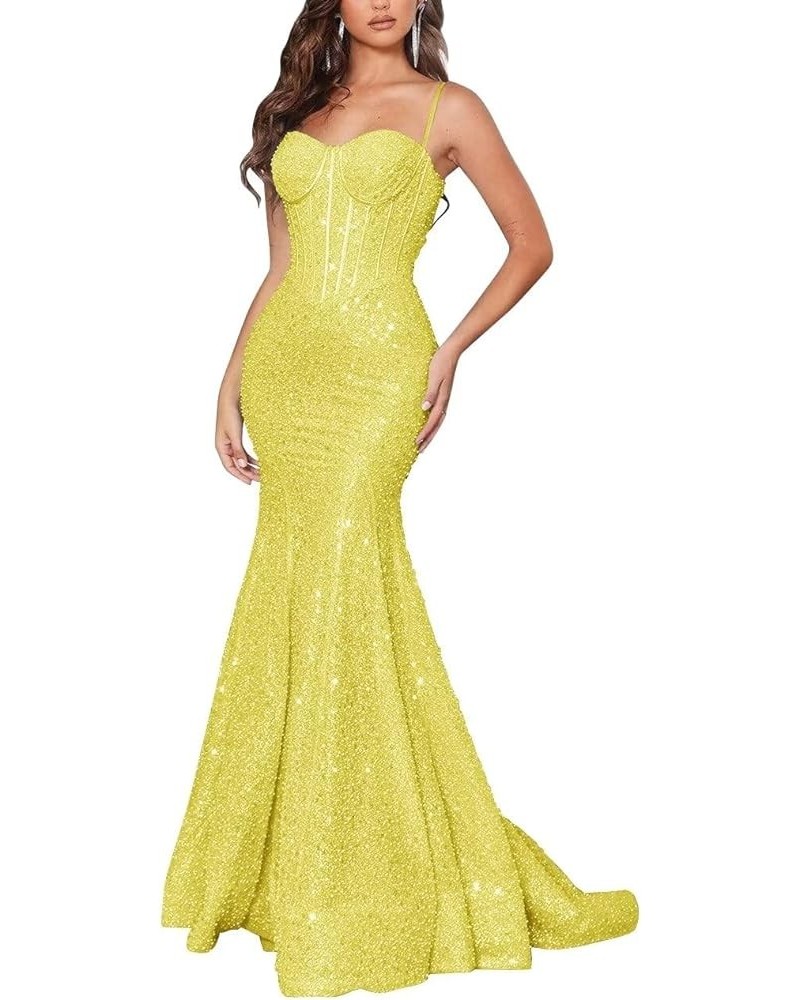 Women's Spaghetti Straps Sequin Prom Dresses Long Bodycon Corset Mermaid Sparkly Glitter Formal Evening Gowns Backless Yellow...