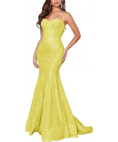 Women's Spaghetti Straps Sequin Prom Dresses Long Bodycon Corset Mermaid Sparkly Glitter Formal Evening Gowns Backless Yellow...