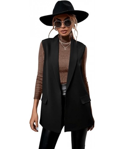 Women's Elegant Sleeveless Blazer Jacket Vest Open Front Long Cardigan Black $19.66 Vests