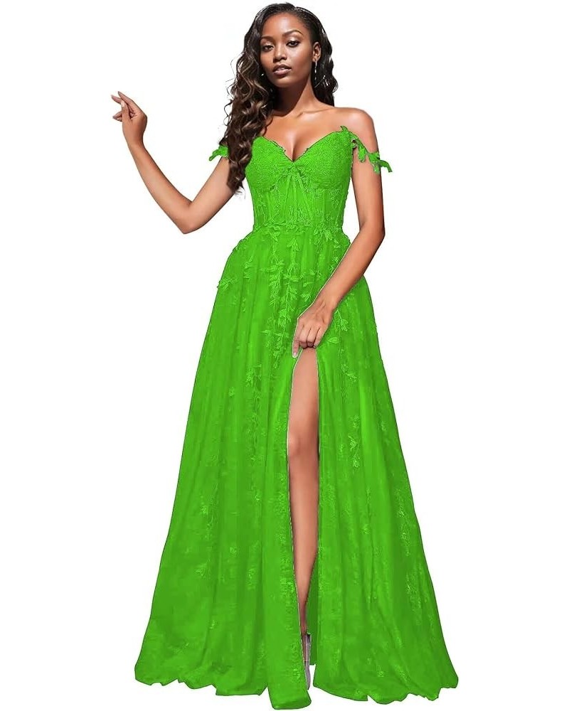 Women's Spaghetti Straps Prom Dresses Lace Appliques Off Shoulder Tulle Sexy Split Long Formal Evening Party Gowns New Green ...