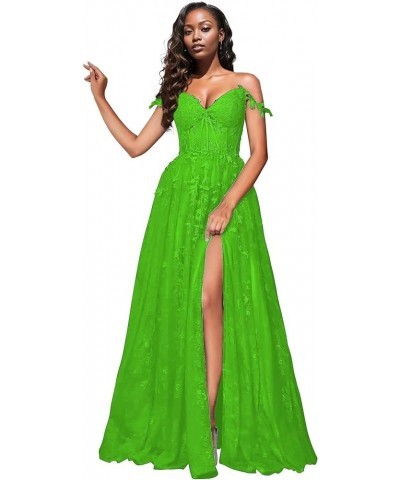 Women's Spaghetti Straps Prom Dresses Lace Appliques Off Shoulder Tulle Sexy Split Long Formal Evening Party Gowns New Green ...