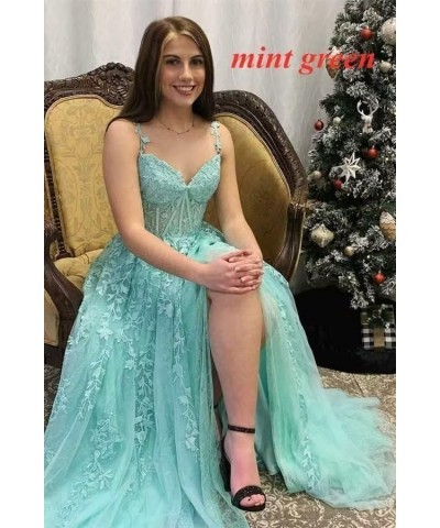 Women's Spaghetti Straps Prom Dresses Lace Appliques Off Shoulder Tulle Sexy Split Long Formal Evening Party Gowns New Green ...