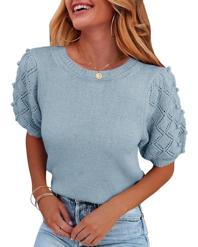 Women's Puff Short Sleeve Sweater Tops Spring Crew Neck Dot Knit Lightweight Pullover Shirt Sky Blue $20.73 Sweaters