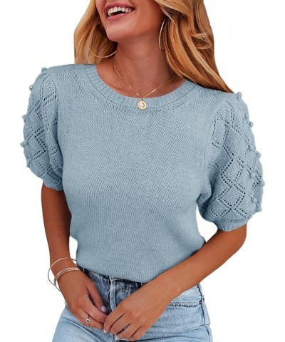 Women's Puff Short Sleeve Sweater Tops Spring Crew Neck Dot Knit Lightweight Pullover Shirt Sky Blue $20.73 Sweaters