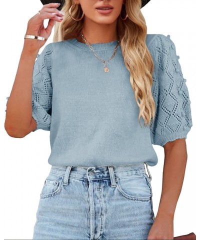 Women's Puff Short Sleeve Sweater Tops Spring Crew Neck Dot Knit Lightweight Pullover Shirt Sky Blue $20.73 Sweaters