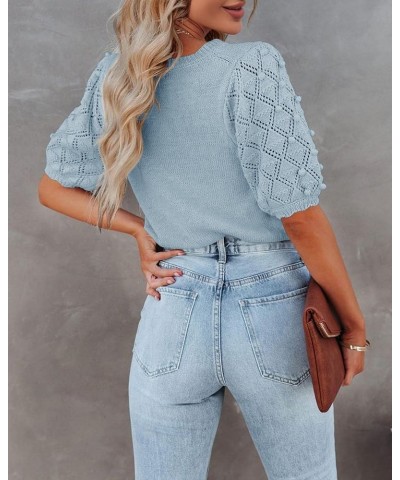 Women's Puff Short Sleeve Sweater Tops Spring Crew Neck Dot Knit Lightweight Pullover Shirt Sky Blue $20.73 Sweaters