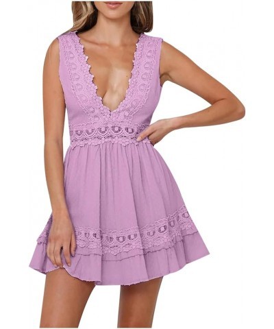 Womens V-Neck Spaghetti Strap Bowknot Backless Sleeveless Lace Crochet Mini Swing Skater Dress Short Sundress Purple $6.75 Ac...