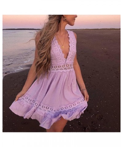 Womens V-Neck Spaghetti Strap Bowknot Backless Sleeveless Lace Crochet Mini Swing Skater Dress Short Sundress Purple $6.75 Ac...