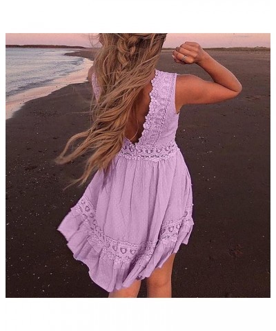 Womens V-Neck Spaghetti Strap Bowknot Backless Sleeveless Lace Crochet Mini Swing Skater Dress Short Sundress Purple $6.75 Ac...