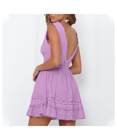 Womens V-Neck Spaghetti Strap Bowknot Backless Sleeveless Lace Crochet Mini Swing Skater Dress Short Sundress Purple $6.75 Ac...