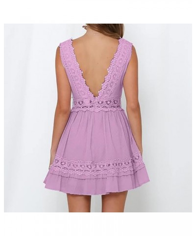 Womens V-Neck Spaghetti Strap Bowknot Backless Sleeveless Lace Crochet Mini Swing Skater Dress Short Sundress Purple $6.75 Ac...