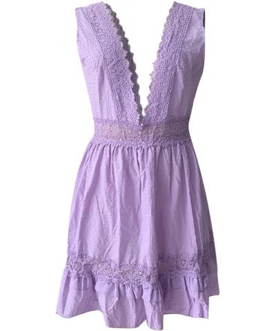 Womens V-Neck Spaghetti Strap Bowknot Backless Sleeveless Lace Crochet Mini Swing Skater Dress Short Sundress Purple $6.75 Ac...