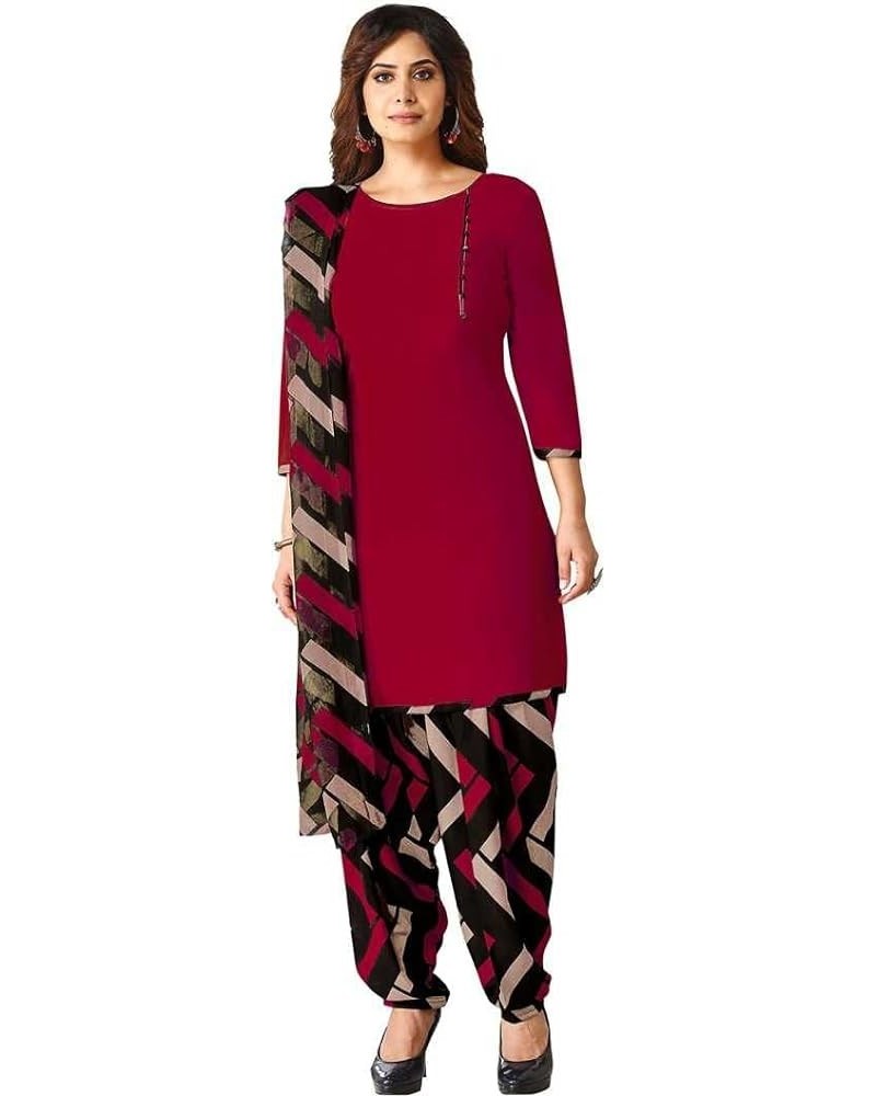 Indian Pakistani Panjabi Style Crepe Fabric Regular Wear Patiala Salwar Suit with Multi Colour Dupatta for Women Red209 $24.8...