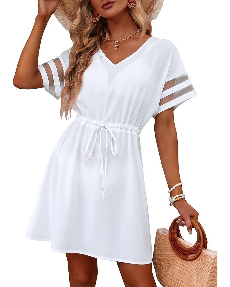 Womens Swimsuit Coverup Beach Dress V Neck Chiffon Bathing Suit Cover Ups Swimwear 02_ White $20.05 Swimsuits