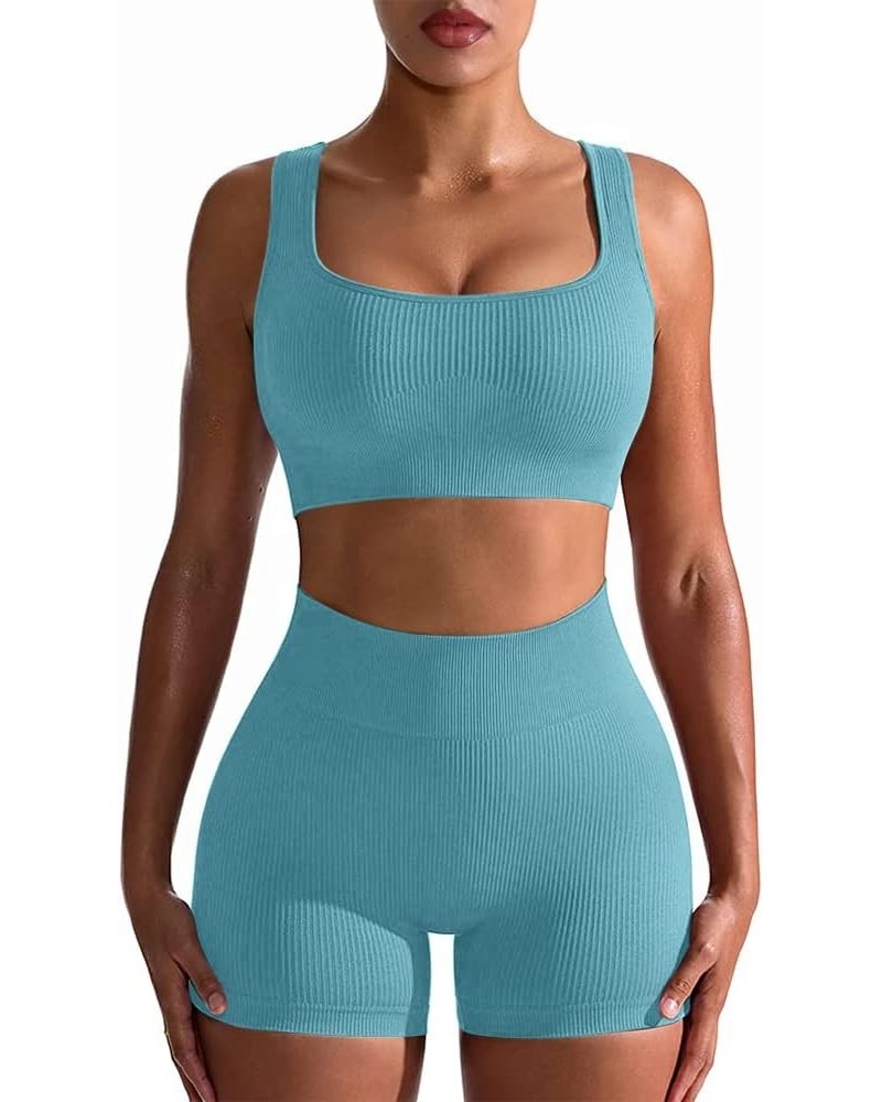 Workout Sets for Women 2 Piece Seamless Ribbed Sports Bra High Waist Yoga Shorts Outfits 2 Blue $18.23 Activewear