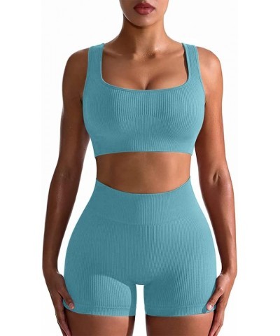 Workout Sets for Women 2 Piece Seamless Ribbed Sports Bra High Waist Yoga Shorts Outfits 2 Blue $18.23 Activewear