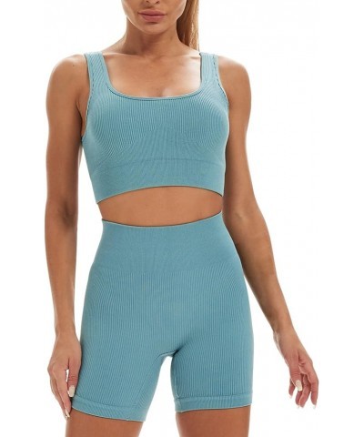 Workout Sets for Women 2 Piece Seamless Ribbed Sports Bra High Waist Yoga Shorts Outfits 2 Blue $18.23 Activewear