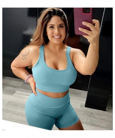 Workout Sets for Women 2 Piece Seamless Ribbed Sports Bra High Waist Yoga Shorts Outfits 2 Blue $18.23 Activewear