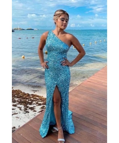 One Shoulder Sequins Prom Dresses Mermaid Long Formal Evening Dresses Ball Gowns for Women with Slit Teal $45.59 Dresses