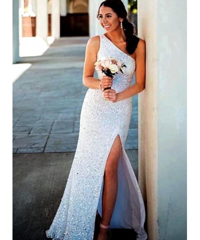 One Shoulder Sequins Prom Dresses Mermaid Long Formal Evening Dresses Ball Gowns for Women with Slit Teal $45.59 Dresses