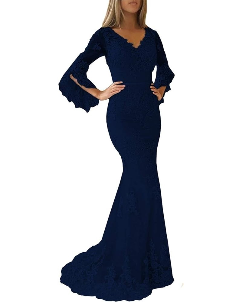 Lace Applique Double V Neck Mermaid Prom Dress Flare Sleeve Evening Gowns for Women Formal Navy Blue $54.72 Dresses