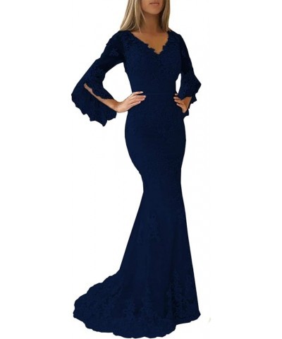 Lace Applique Double V Neck Mermaid Prom Dress Flare Sleeve Evening Gowns for Women Formal Navy Blue $54.72 Dresses