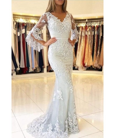 Lace Applique Double V Neck Mermaid Prom Dress Flare Sleeve Evening Gowns for Women Formal Navy Blue $54.72 Dresses