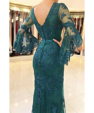 Lace Applique Double V Neck Mermaid Prom Dress Flare Sleeve Evening Gowns for Women Formal Navy Blue $54.72 Dresses