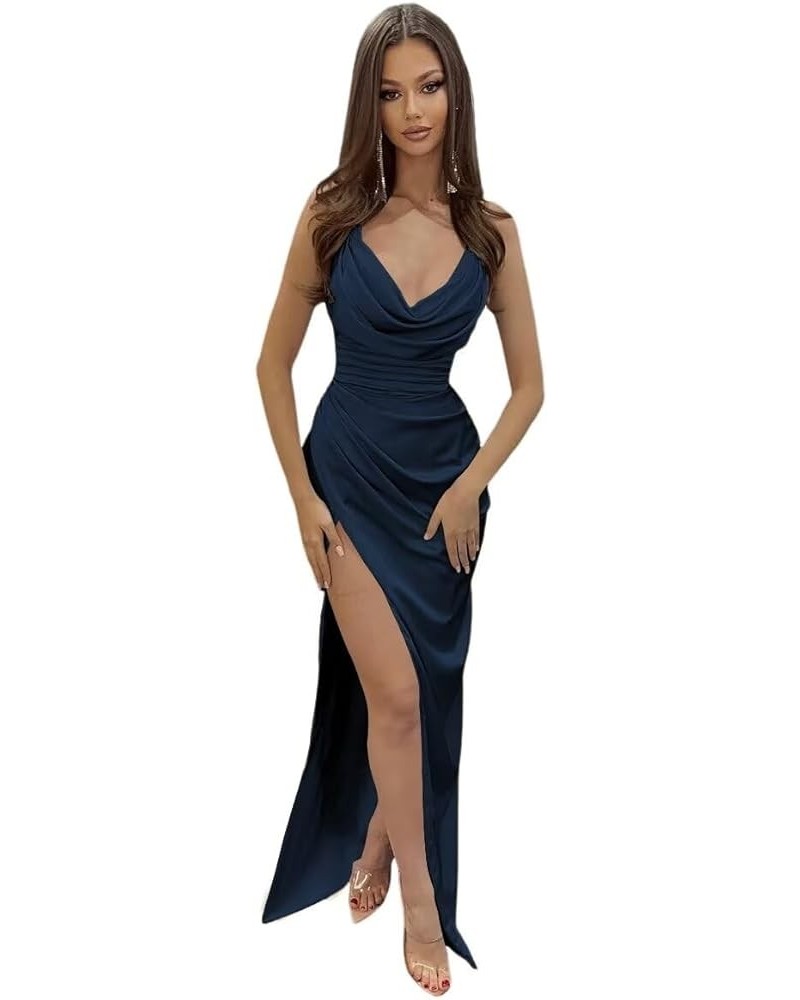 Women's Cowl Neck Prom Dresses Long with Slit Pleated Satin Mermaid Evening Dress YMS325 Navy Blue $31.05 Dresses