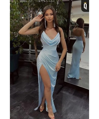 Women's Cowl Neck Prom Dresses Long with Slit Pleated Satin Mermaid Evening Dress YMS325 Navy Blue $31.05 Dresses