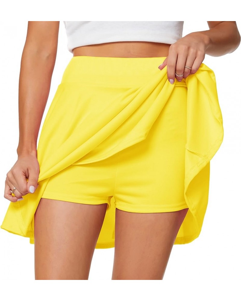 Women's Casual Basic Versatile Flared Pleated Mini Skater Skirt with Shorts Yellow $12.31 Skirts