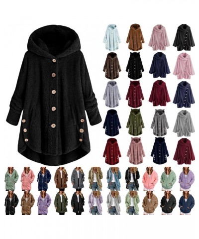 Women's Winter Fuzzy Fleece Jacket Hooded Long Sleeve Cardigan Oversized Sherpa Fur Coats Button Down Shaggy Outwear A07black...