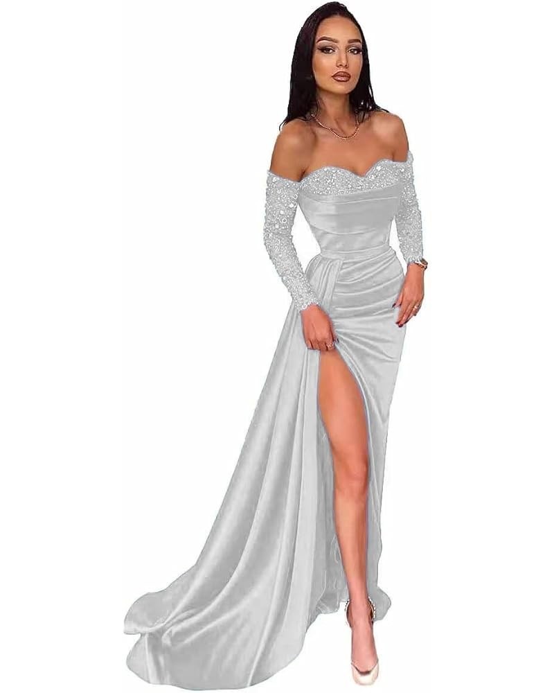 Off Shoulder Sequin Prom Dresses Long Sleeve Satin Mermaid Evening Gown for Women Formal Dress with Slit Silver $46.79 Dresses