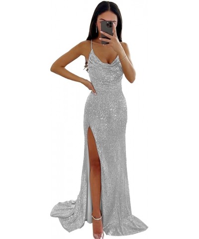 Mermaid Sequin Prom Dresses 2024 Long Slit Cowl Neck Evening Formal Dress with Slit Silver $35.74 Dresses