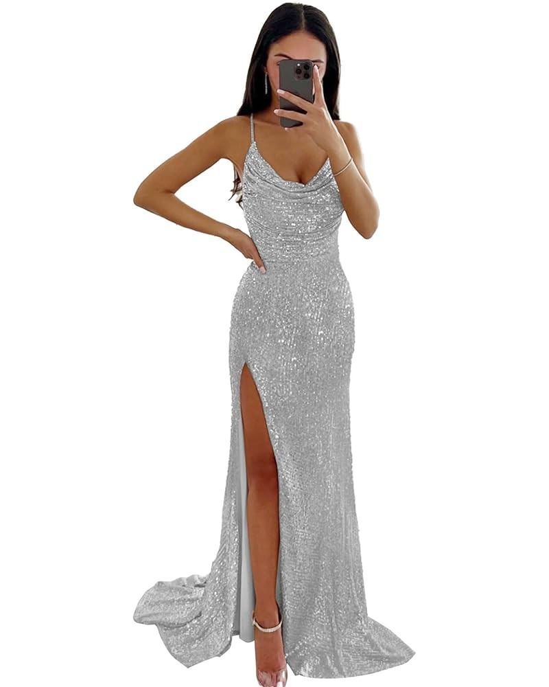 Mermaid Sequin Prom Dresses 2024 Long Slit Cowl Neck Evening Formal Dress with Slit Silver $35.74 Dresses