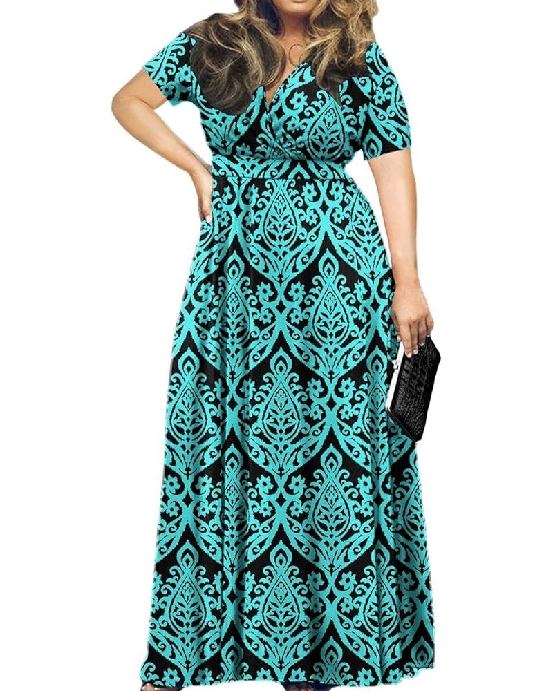 Women's Solid V-Neck Short Sleeve Plus Size Evening Party Maxi Dress Blue Green $19.42 Dresses