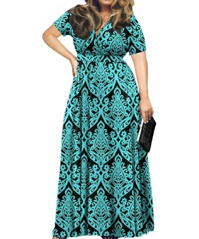 Women's Solid V-Neck Short Sleeve Plus Size Evening Party Maxi Dress Blue Green $19.42 Dresses