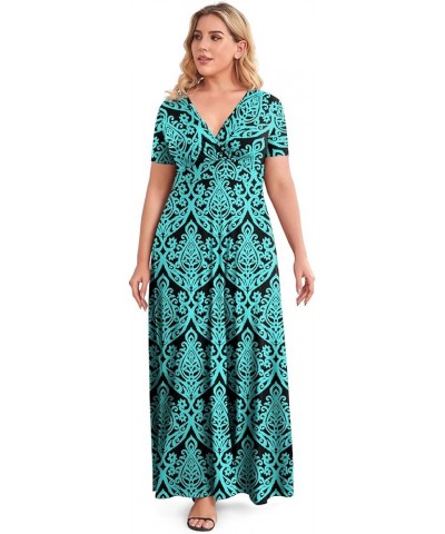 Women's Solid V-Neck Short Sleeve Plus Size Evening Party Maxi Dress Blue Green $19.42 Dresses